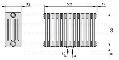 Схема (чертеж) Радиатор Zehnder Charleston 5045/12 №5410 Белый глянцевый RAL 9016